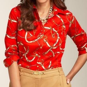 Talbots equestrian red cable print shirt stretchy cotton poplin